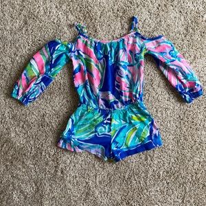 Toddler Size XS (2/3). Worn Twice. Multi-colored romper with adjustable straps.